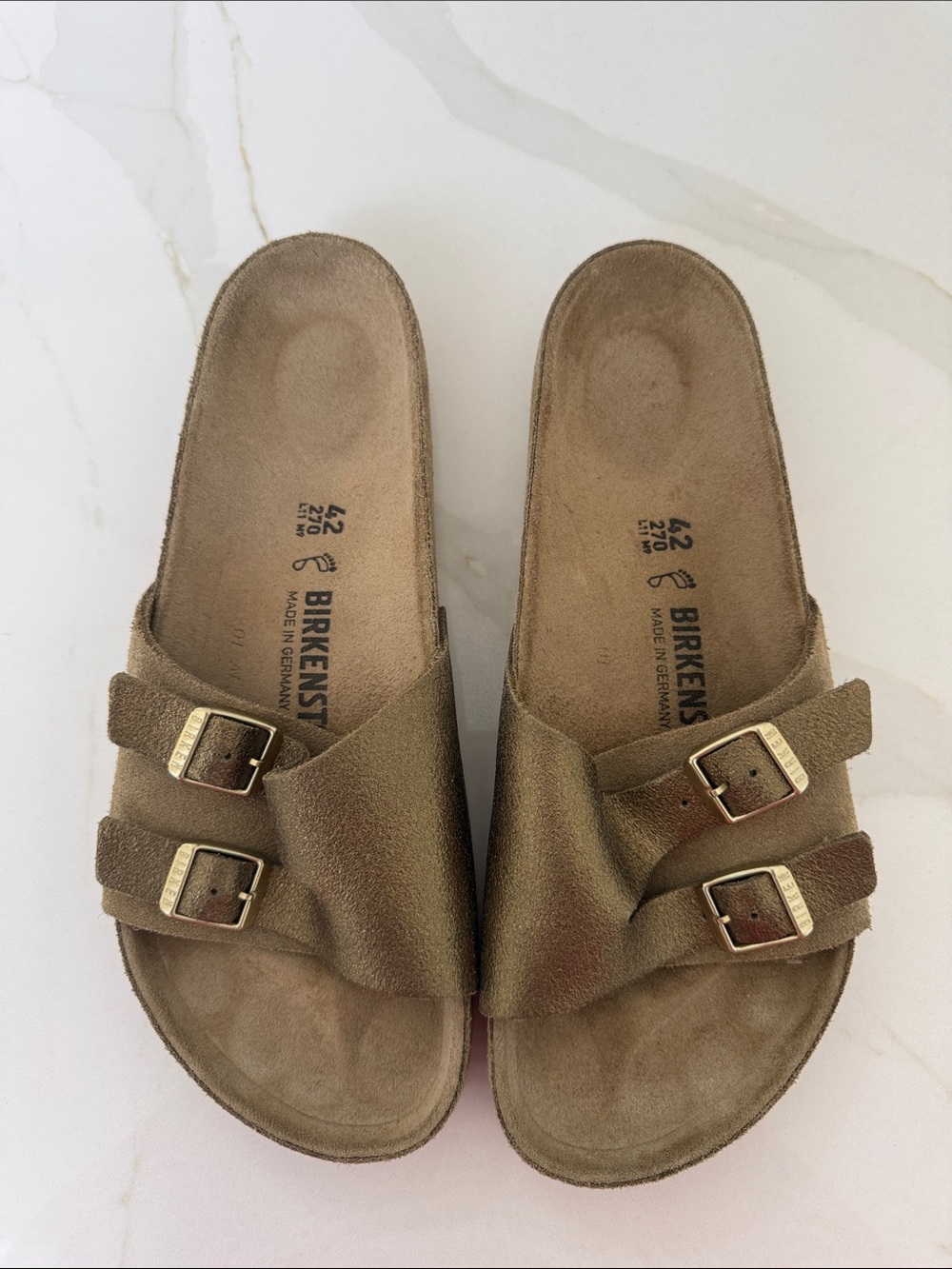 Birkenstock Suede rare Zurich Madrid style sandals 42 11 washed metallic gold